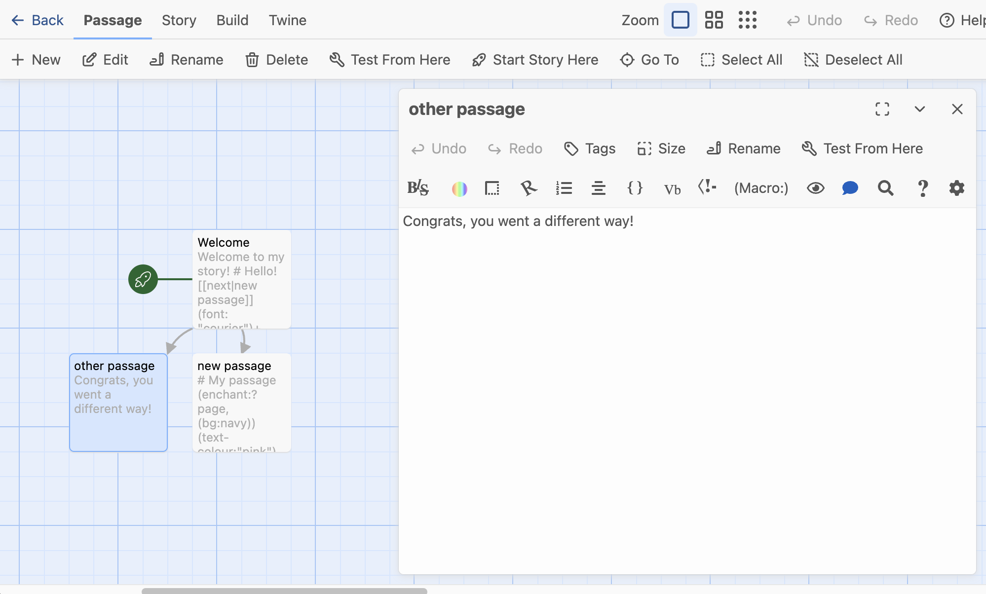 Screenshot of Twine Editor Interface